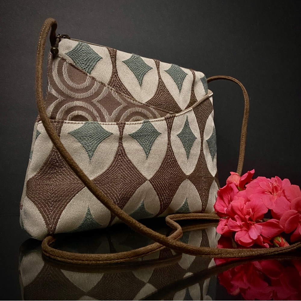 Brown and Gray Crossbody Bag with Geometric Design